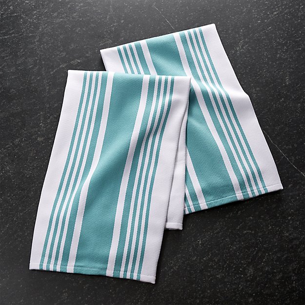 My 7 Favorite Staple Crate and Barrel Kitchen Items - Cuisine Stripe Aqua Dish Towels | https://www.roseclearfield.com