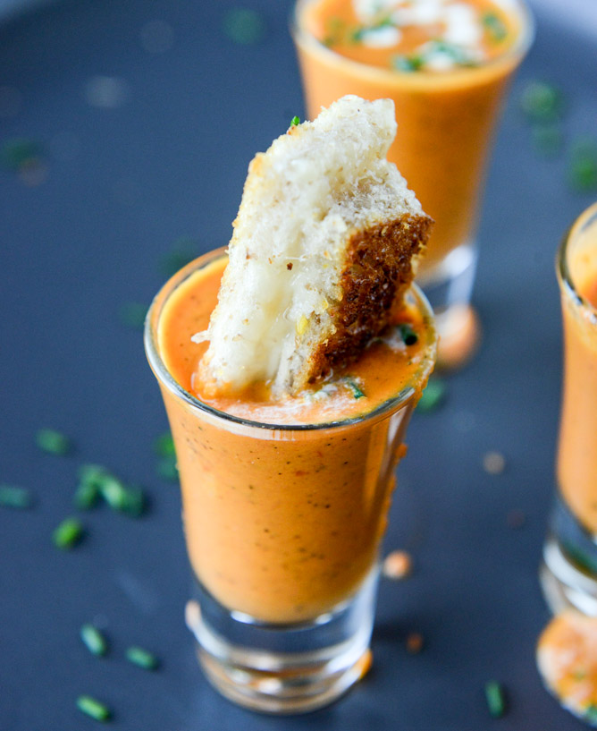 Creamy Tomato Soup Shooters With Grilled Cheese Sticks - howsweeteats.com | https://www.roseclearfield.com