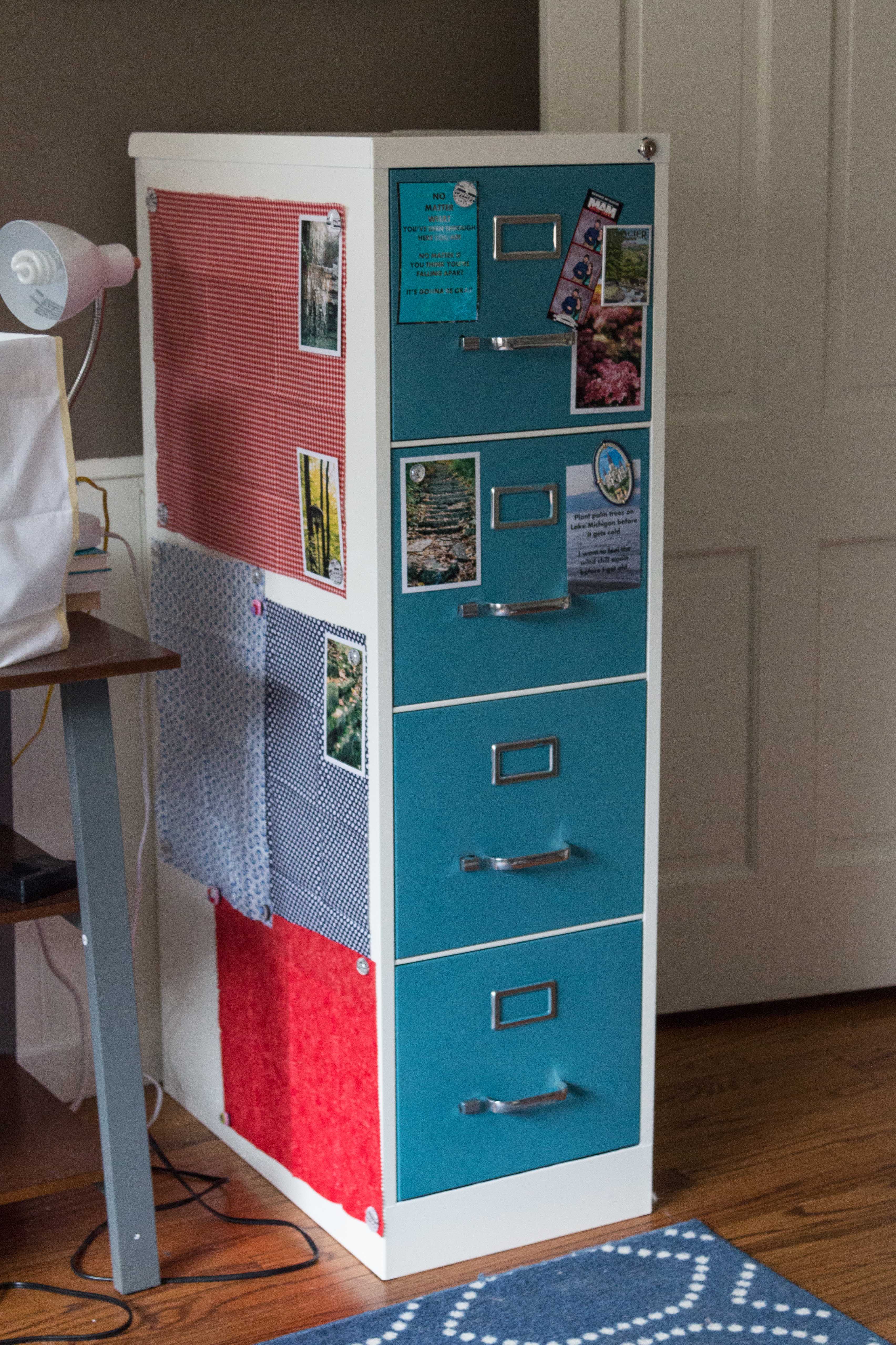 Metal File Cabinet Painting Makeover! I decorated my file cabinet with fabric panels, magnets, and photos. Click through to learn more about how to paint and decorate your own file cabinet. | https://www.roseclearfield.com