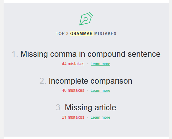 The weekly Grammarly report includes a short summary of your top three mistakes from the past week. | https://www.roseclearfield.com