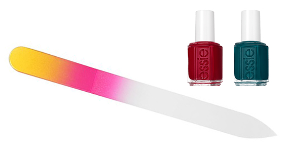 Glass nail file and Essie polishes in holiday shades. Perfect gift for her! | https://www.roseclearfield.com