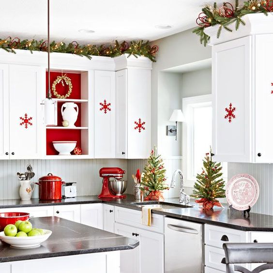 Christmas Decoration Inspiration - cherry, white kitchen decked out for the holidays.