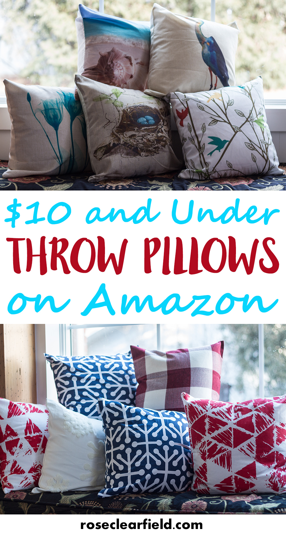 $10 and Under Throw Pillows on Amazon. Decorate your home beautifully without breaking the bank! | https://www.roseclearfield.com