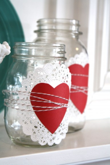 Valentine's Day Doilie Heart Baker's Twine Mason Jars via The Pleated Poppy | https://www.roseclearfield.com