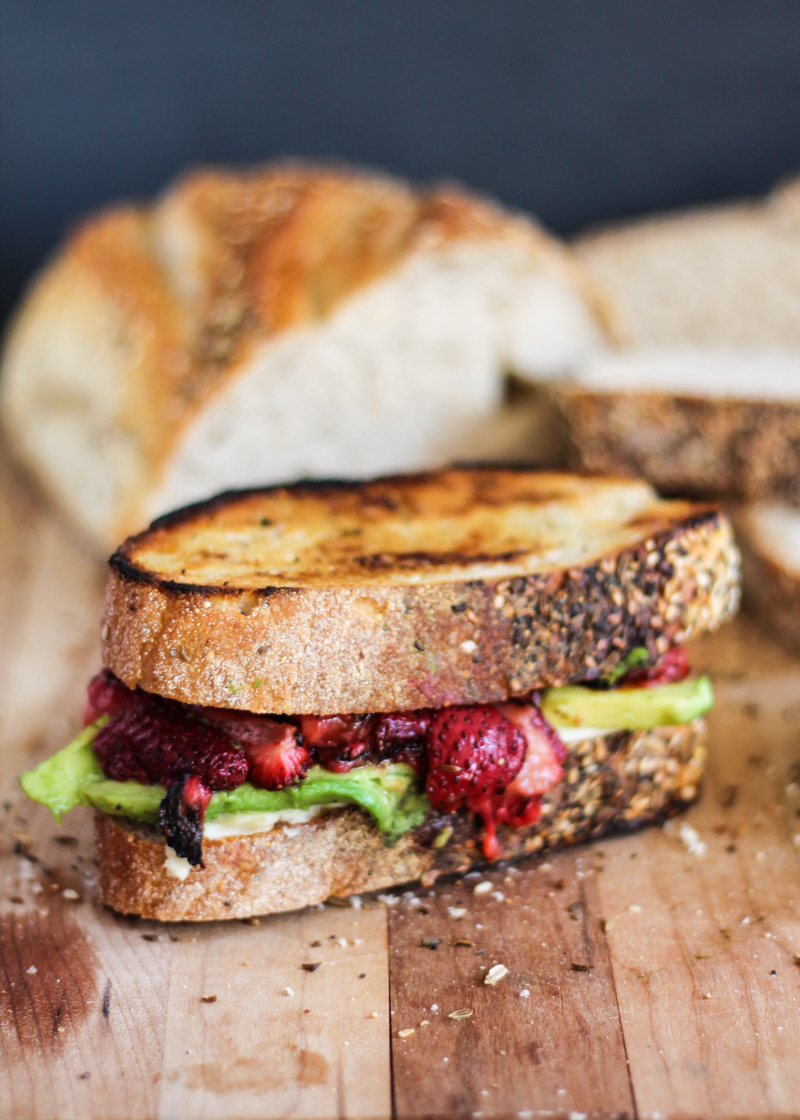 Roasted Strawberry Avocado and Mozzarella Grilled Cheese via Ambitious Kitchen | https://www.roseclearfield.com