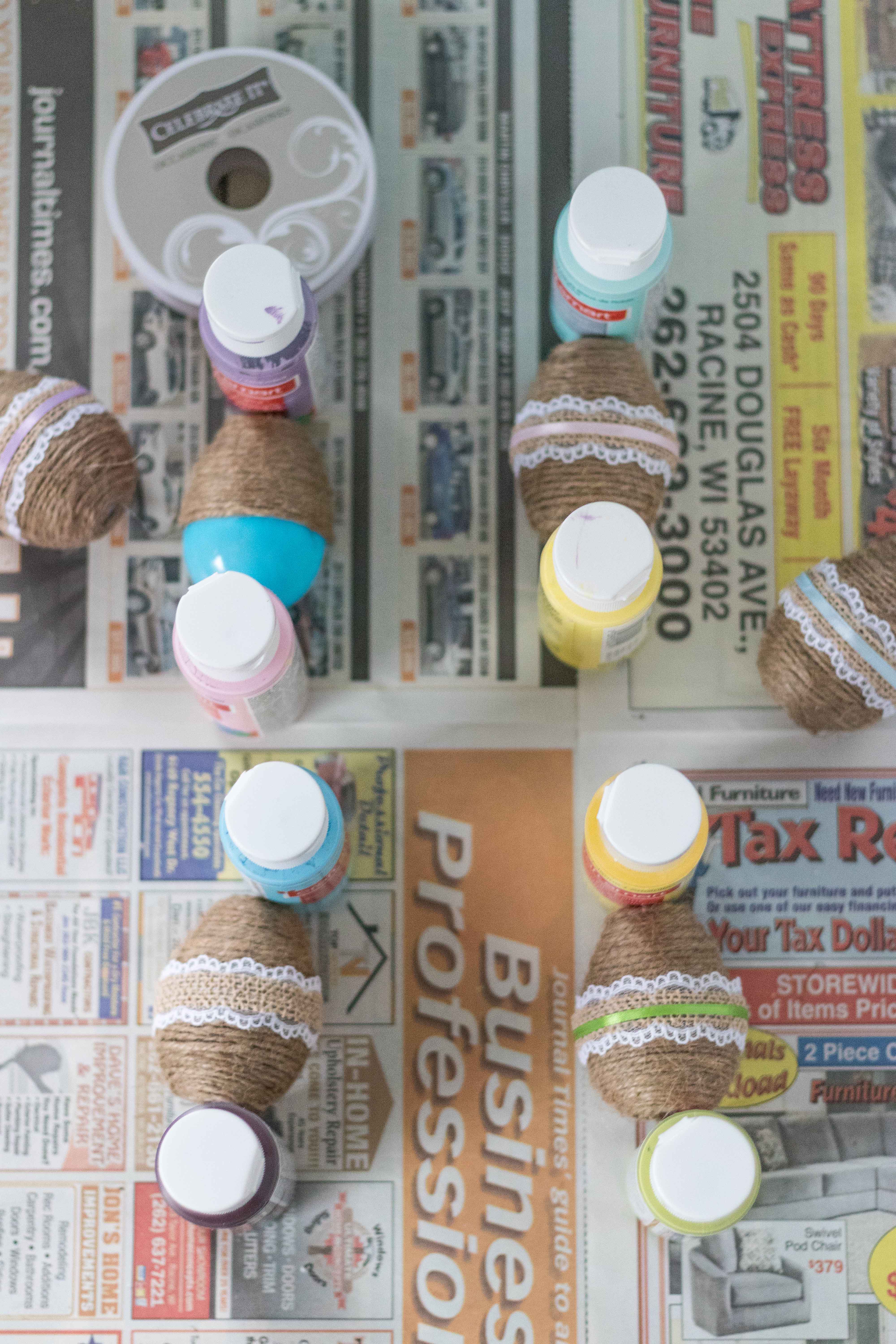 DIY Twine Wrapped Plastic Easter Eggs with Lace and Ribbon | https://www.roseclearfield.com