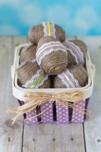 DIY Twine Wrapped Plastic Easter Eggs with Lace and Ribbon | https://www.roseclearfield.com