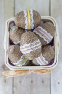 DIY Twine Wrapped Plastic Easter Eggs with Lace and Ribbon | https://www.roseclearfield.com