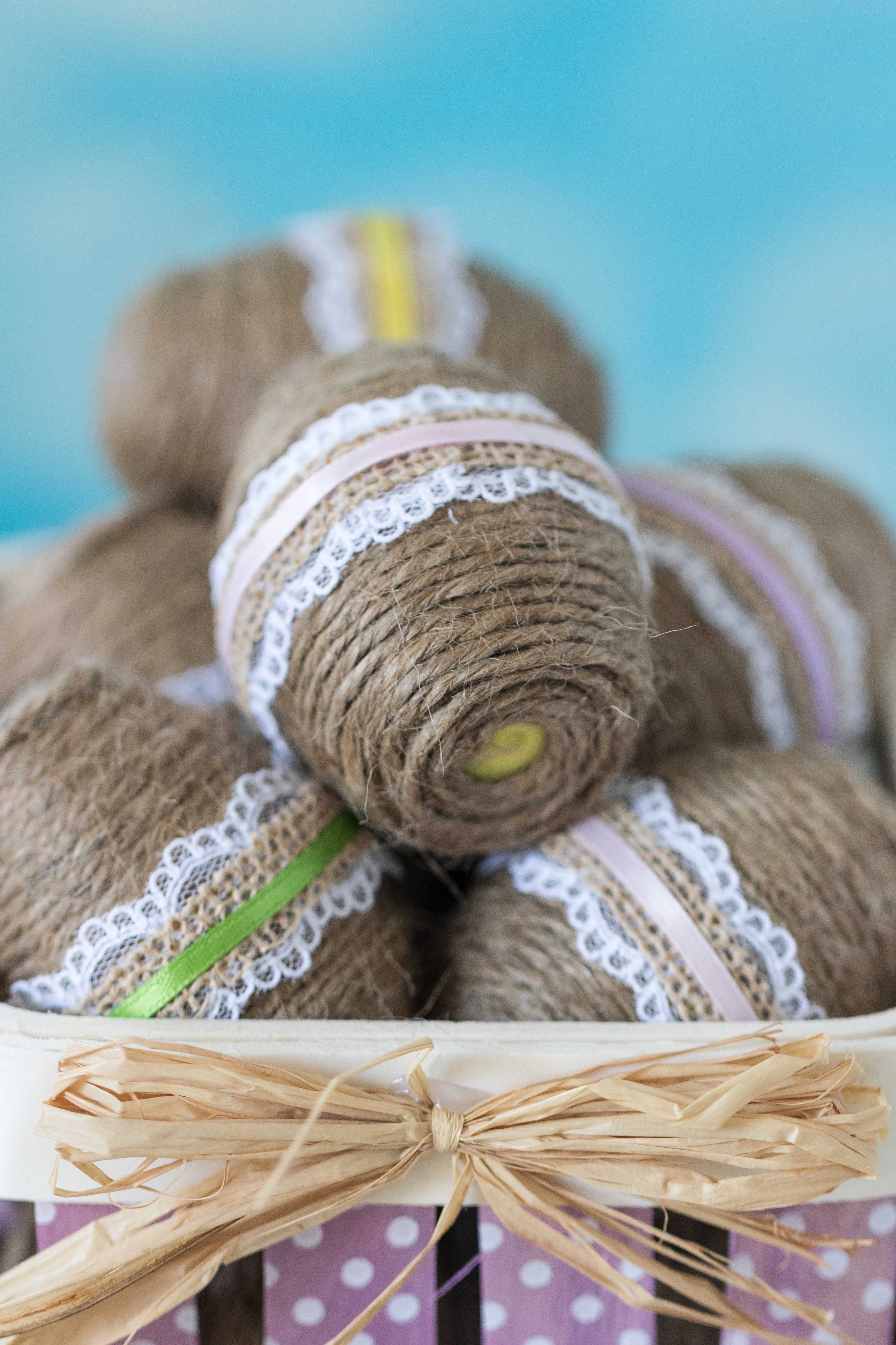 DIY Twine Wrapped Plastic Easter Eggs with Lace and Ribbon | https://www.roseclearfield.com