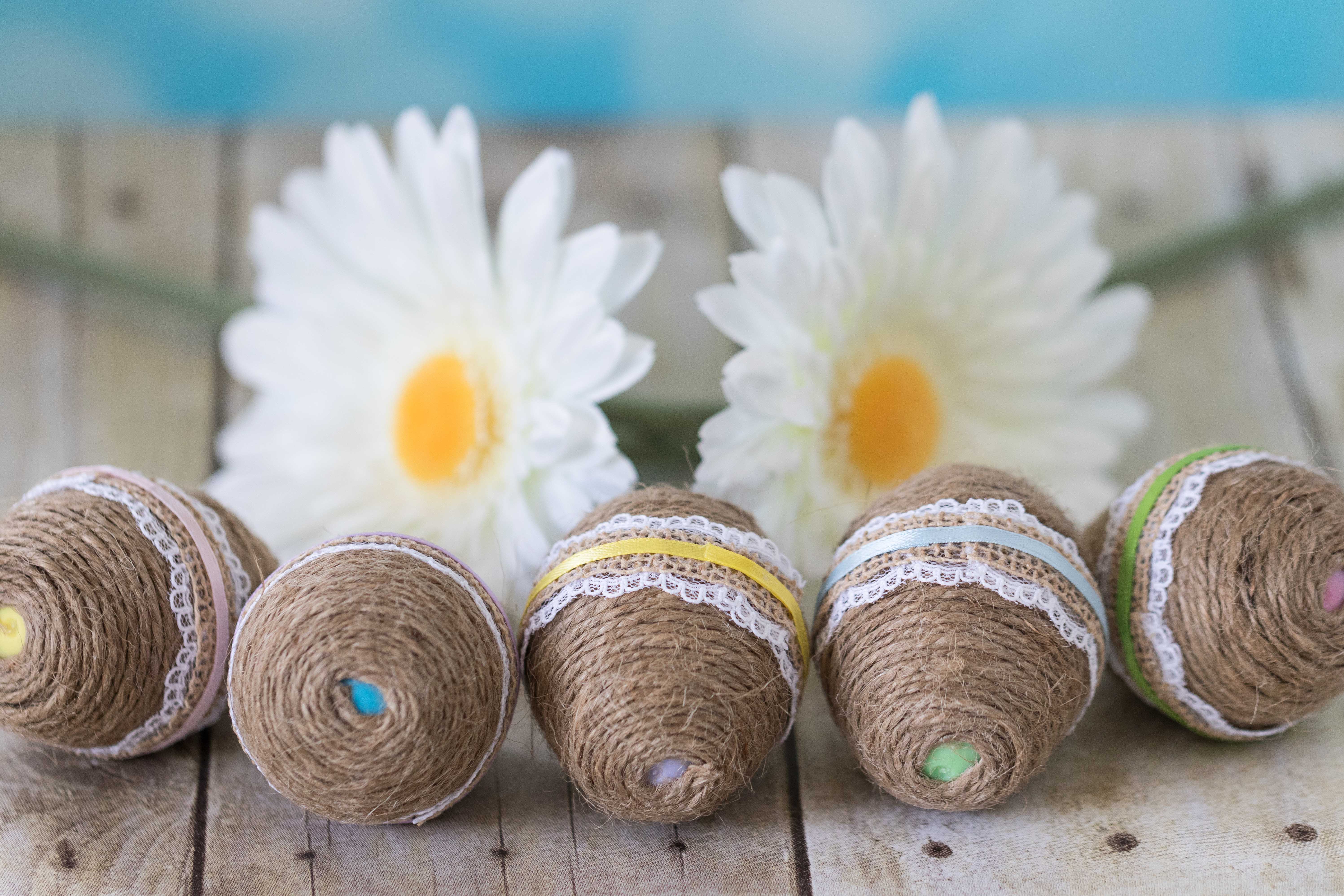 DIY Twine Wrapped Plastic Easter Eggs with Lace and Ribbon | https://www.roseclearfield.com