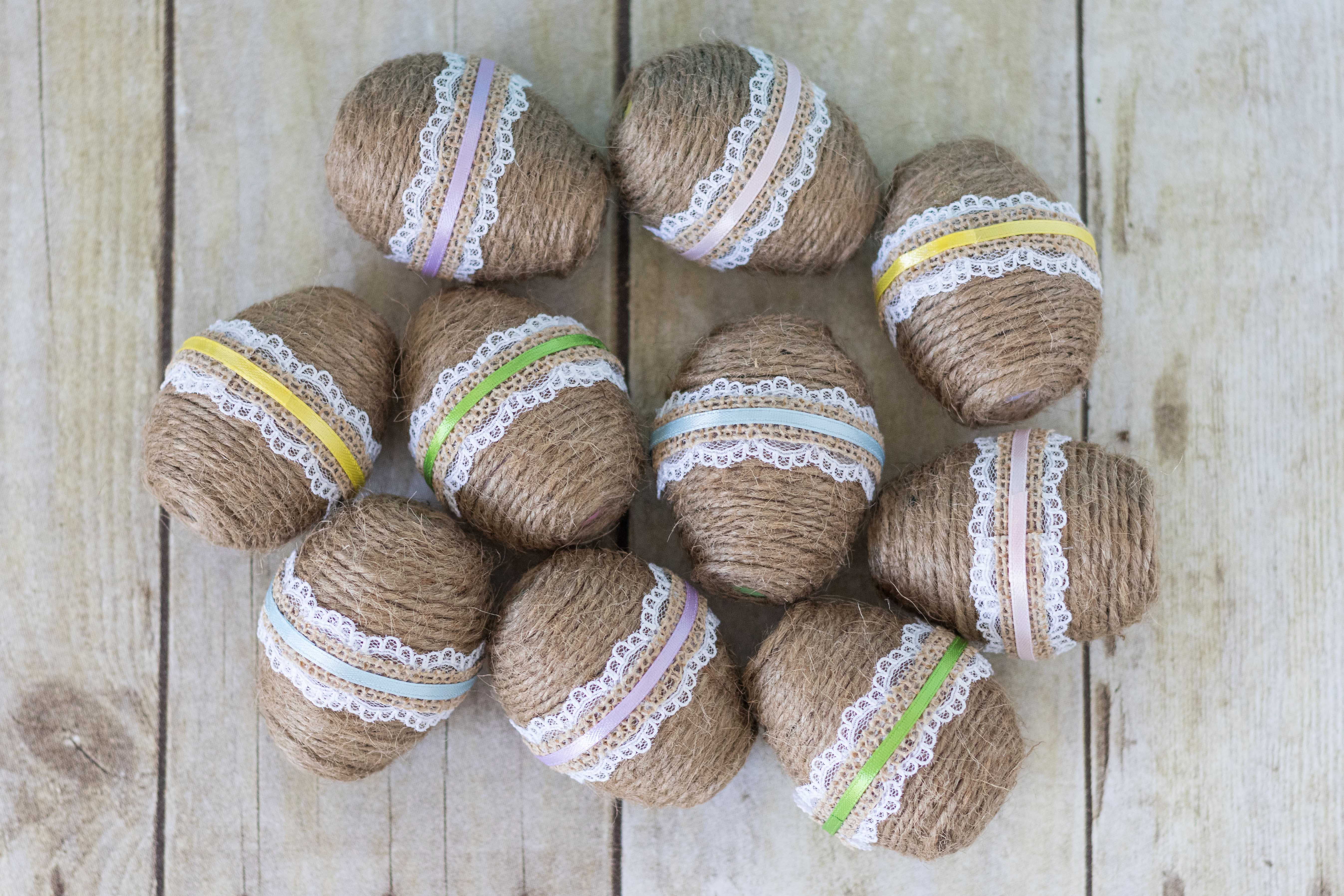 DIY Twine Wrapped Plastic Easter Eggs with Lace and Ribbon | https://www.roseclearfield.com