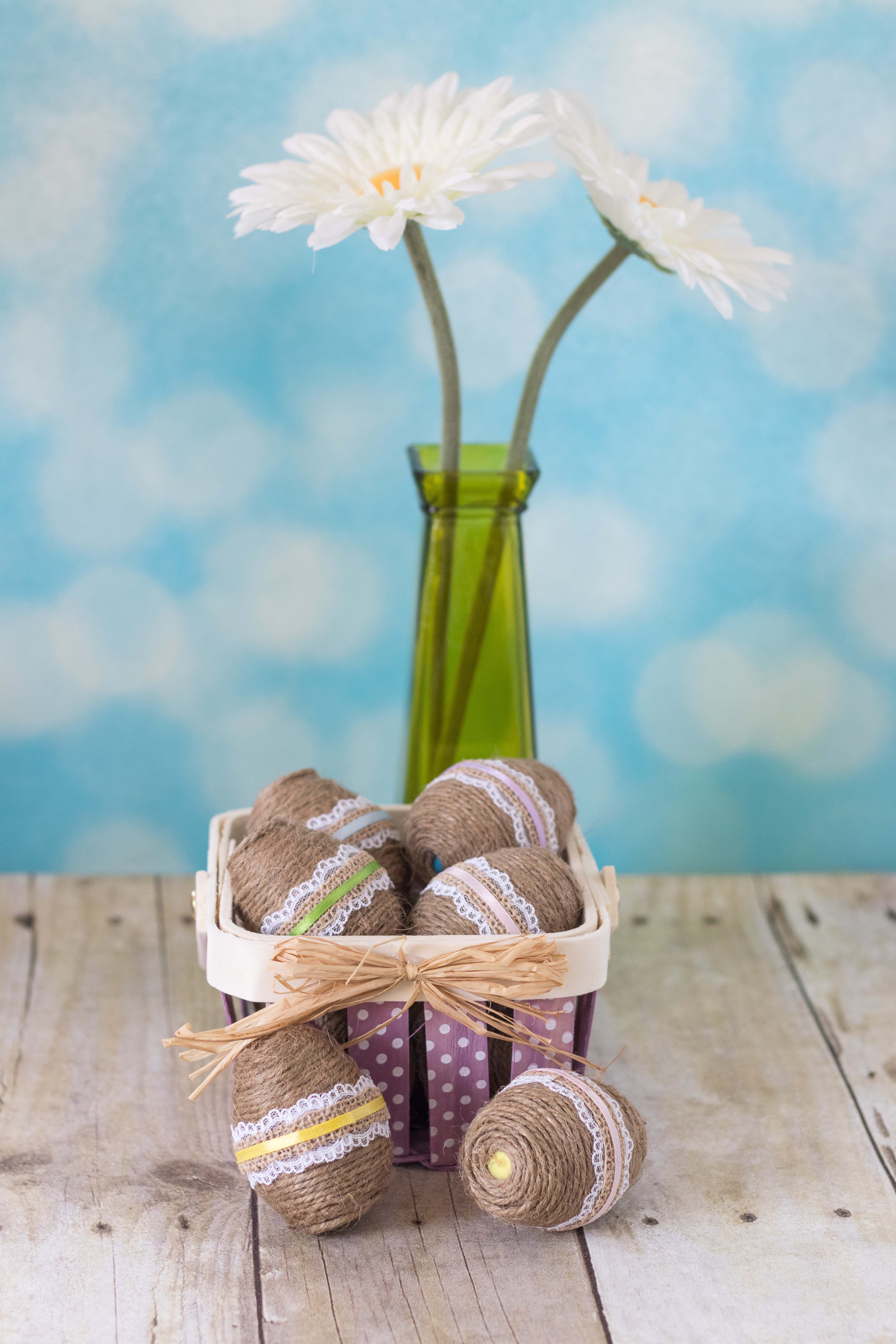 DIY Twine Wrapped Plastic Easter Eggs with Lace and Ribbon | https://www.roseclearfield.com