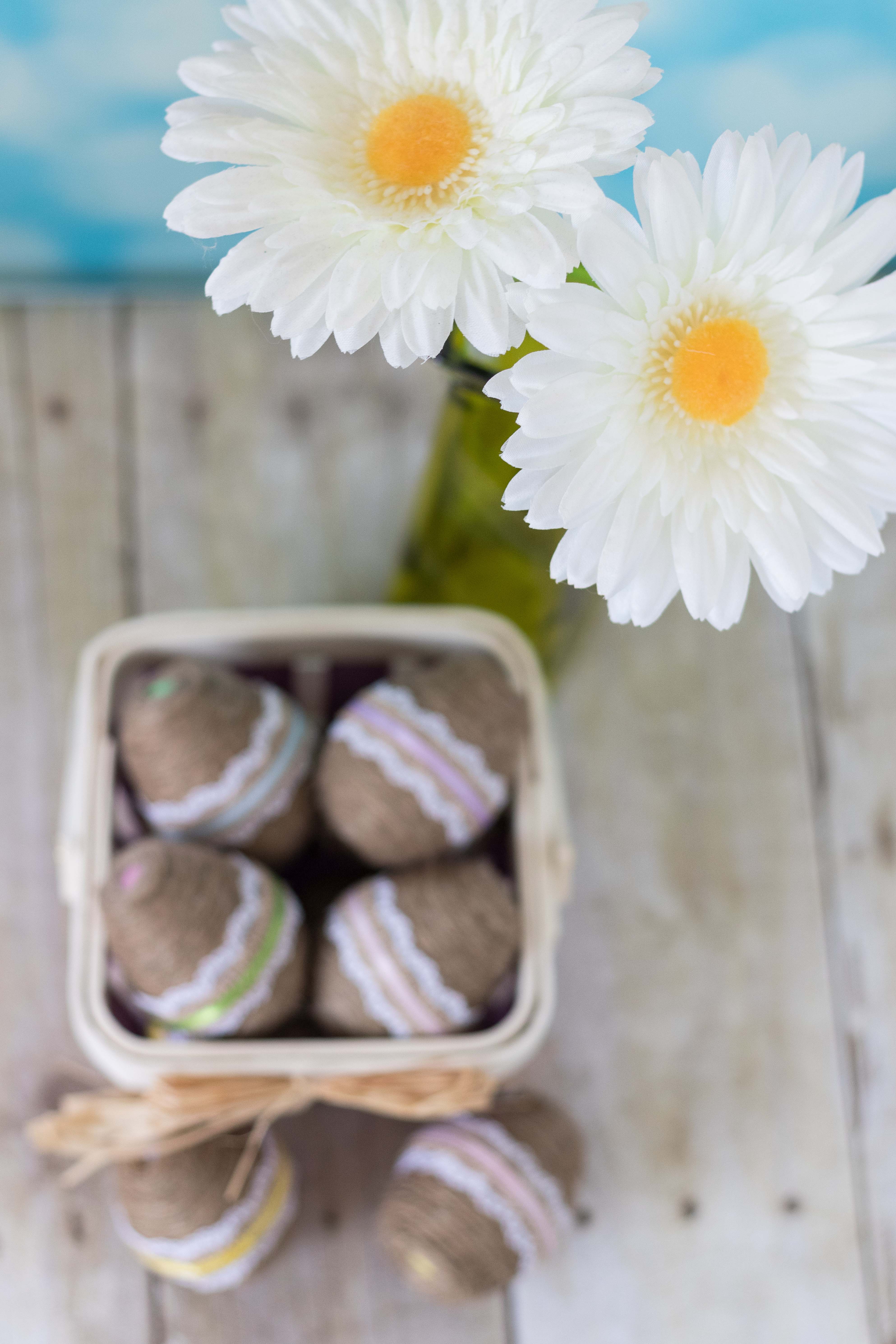 DIY Twine Wrapped Plastic Easter Eggs with Lace and Ribbon | https://www.roseclearfield.com