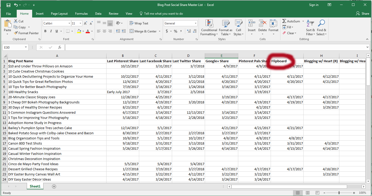 Blog Post Social Share Excel Spreadhseet | https://www.roseclearfield.com