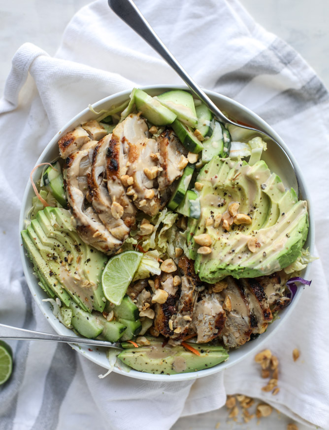 30 Days of Healthy Chicken Dinner Recipes - Chicken Avocado Salad with Peanut Dressing via How Sweet It Is | https://www.roseclearfield.com