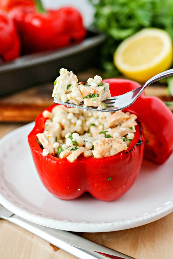 30 Days of Healthy Chicken Dinner Recipes - Chicken and Cous Cous Stuffed Peppers via Certified Pastry Aficionado | https://www.roseclearfield.com