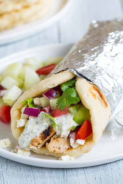 30 Healthy Chicken Dinner Recipes - Greek Chicken Gyros with Tzatziki and Homemade Greek Pita Flatbread via Cooking Classy | https://www.roseclearfield.com