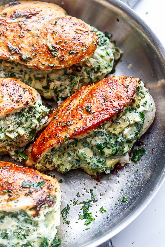 30 Days of Healthy Chicken Dinner Recipes - Spinach Artichoke Stuffed Chicken via Cafe Delites | https://www.roseclearfield.com