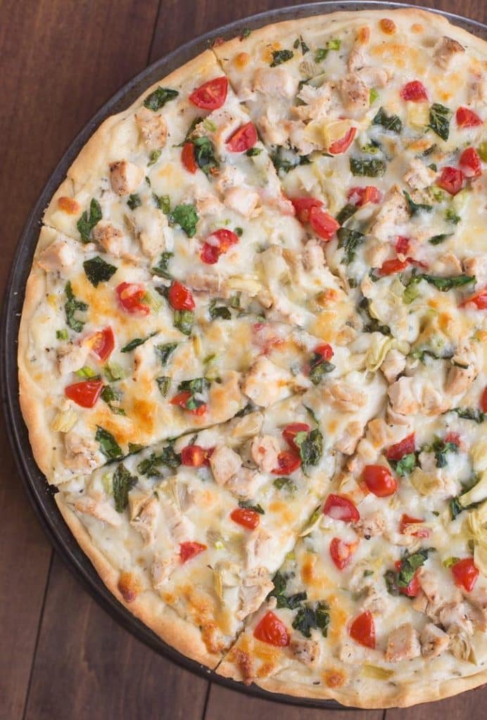 30 Healthy Chicken Dinner Recipes - White Garlic Chicken Vegetable Pizza via Tastes Better From Scratch | https://www.roseclearfield.com