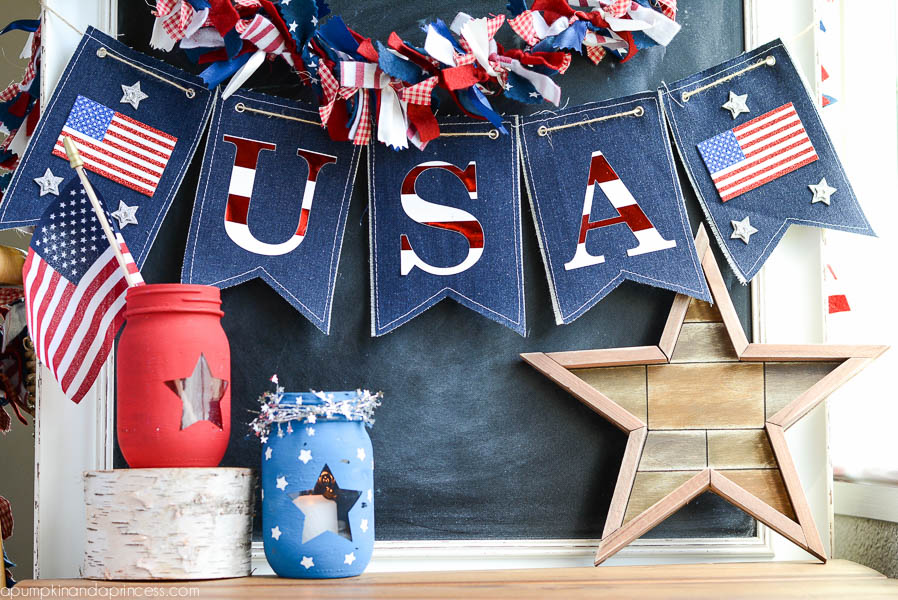 Easy DIY Fourth of July Decorations - DIY Denim Fourth of July Banner via A Pumpkin and a Princess | https://www.roseclearfield.com