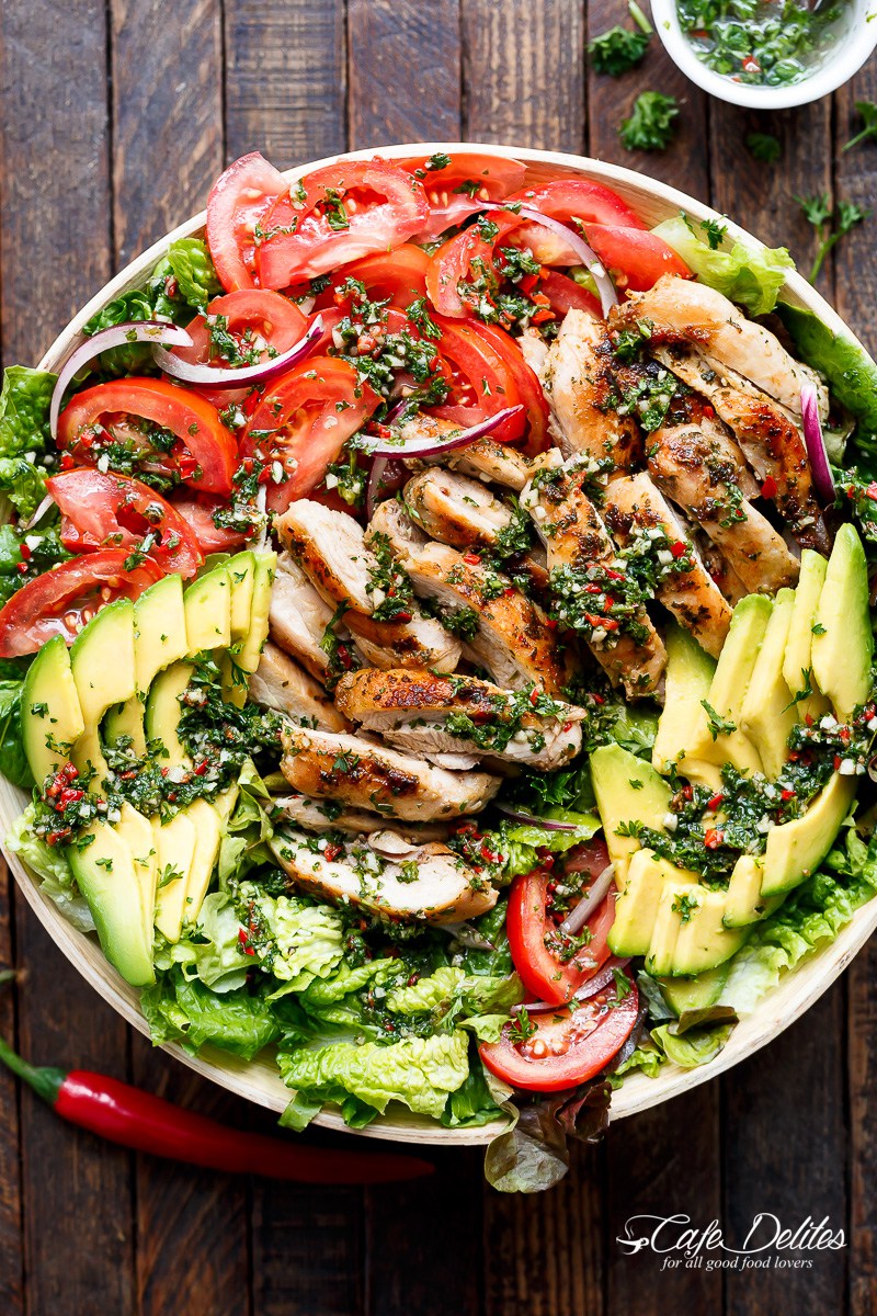 30 Days of Healthy Grilling Recipes - Grilled Chimichurri Chicken Avocado Salad via Cafe Delites | https://www.roseclearfield.com