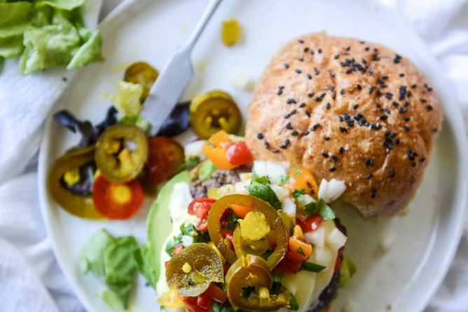 Fourth of July Recipe Ideas - Queso Cheese Burgers with Avocado and Pico de Gallo via How Sweet Eats | https://www.roseclearfield.com