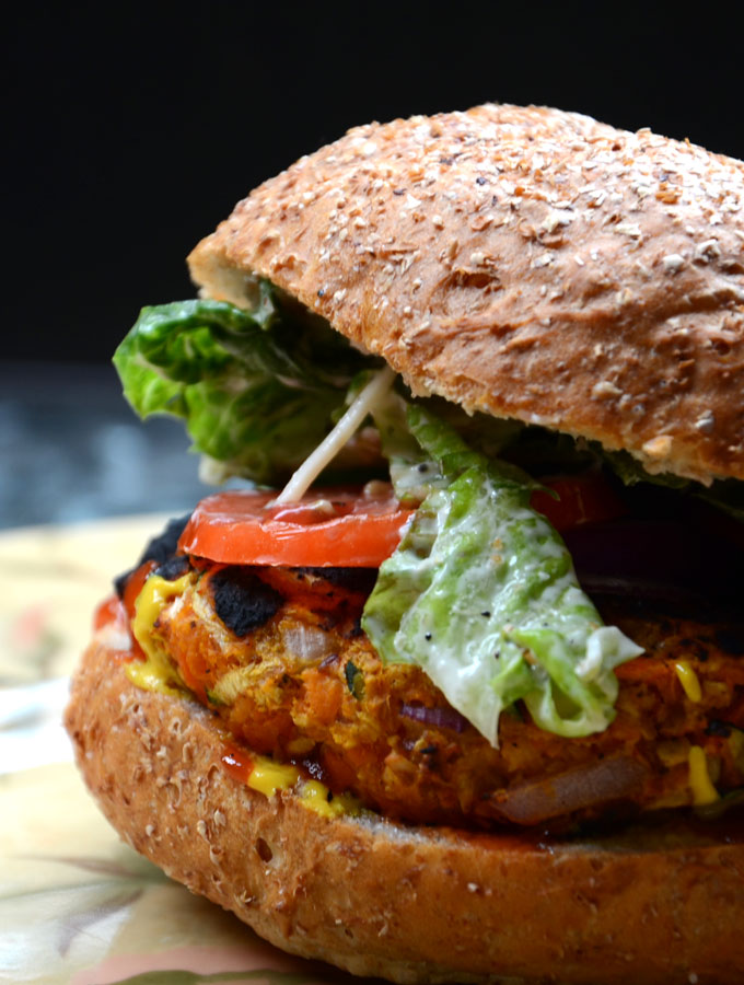 30 Days of Healthy Grilling Recipes - Spicy Chickpea Veggie Burgers via Running on Real Food | https://www.roseclearfield.com