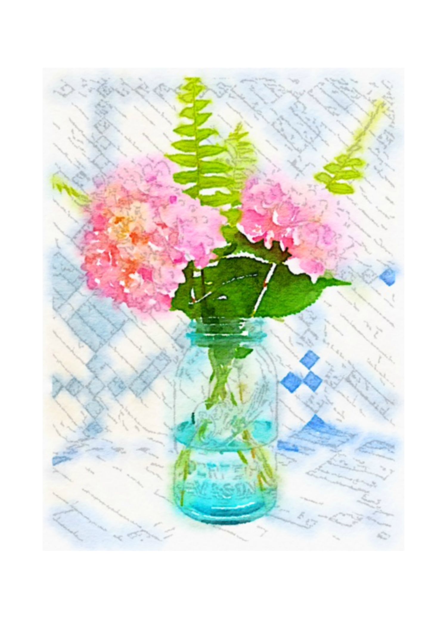 Free Summer Printables - Hydrangeas in Mason Jar Watercolor Print via On Sutton Place | https://www.roseclearfield.com