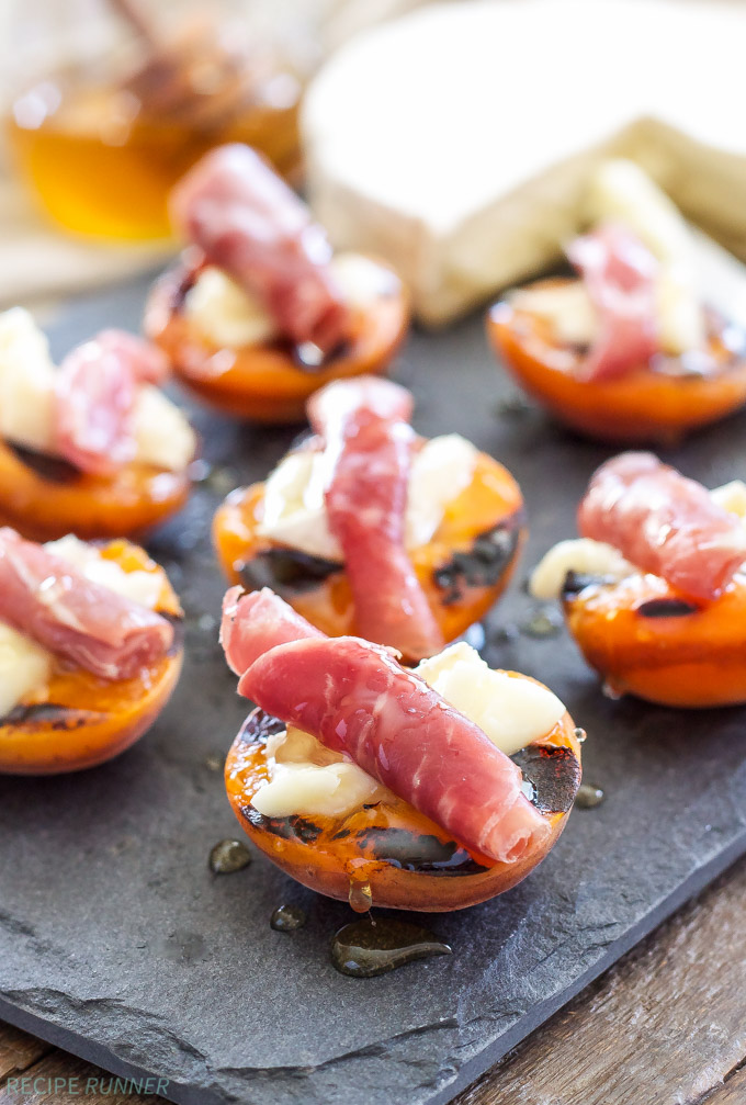 30 Days of Grilled Desserts - Grilled Apricots with Brie, Prosciutto, and Honey via Recipe Runner | https://www.roseclearfield.com