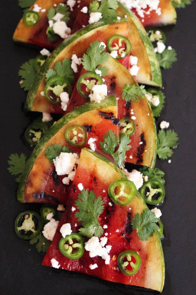 30 Days of Grilled Desserts - Grilled Watermelon with Jalapenos, Feta, and Honey via Domesticate Me | https://www.roseclearfield.com