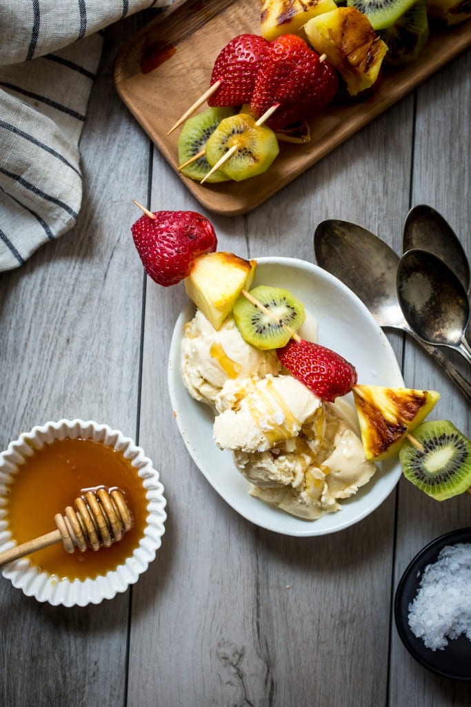 30 Days of Grilled Desserts - Salted Honey Ice Cream with Grilled Fruit Kabobs via Girl in the Little Red Kitchen | https://www.roseclearfield.com