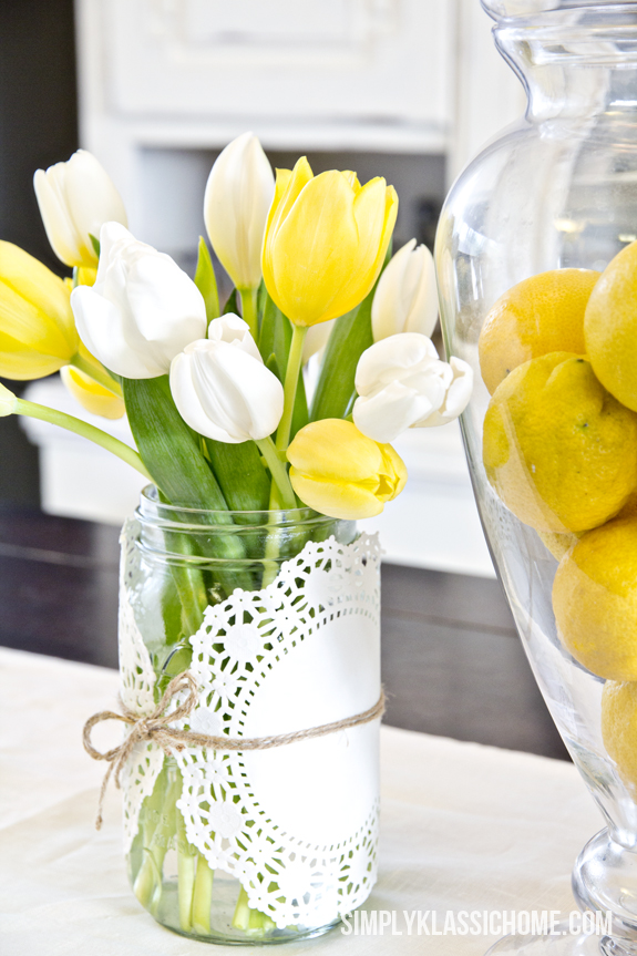 Spring Mason Jar Decor - Doily and Twine Wrapped Mason Jars via Yellow Bliss Road | https://www.roseclearfield.com