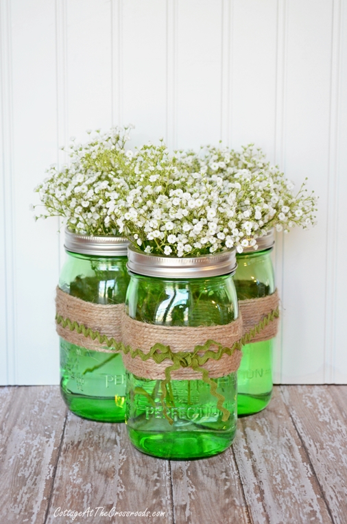 Green Mason Jars Baby S Breath Centerpiece Cottage At The