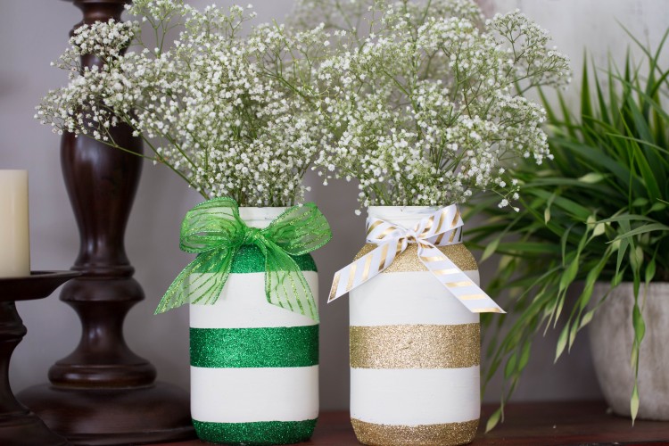 Green and Gold Glitter Striped Mason Jars This via Grandma Is Fun | https://www.roseclearfield.com