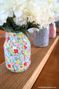 Spring Mason Jar Decor - Layed Fabric Spring Mason Jars via Dwelling in Happiness | https://www.roseclearfield.com