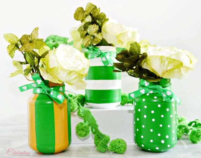 Lucky Green Painted Mason Jars Little Miss Celebration via A Little Claireification | https://www.roseclearfield.com