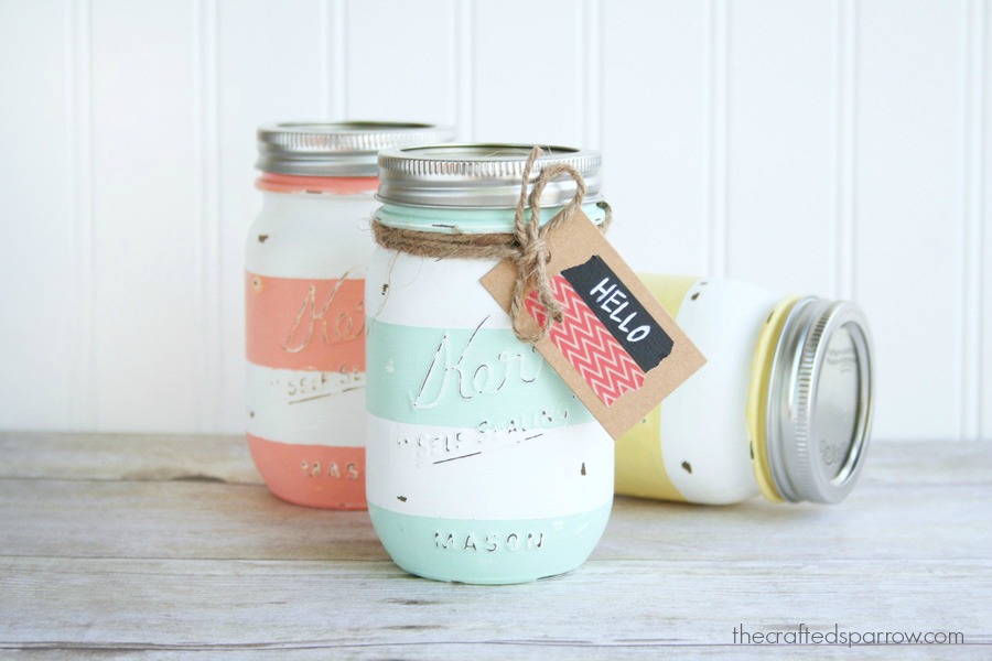 Spring Mason Jar Decor - Spring Inspired Striped Mason Jars via The Crafted Sparrow | https://www.roseclearfield.com