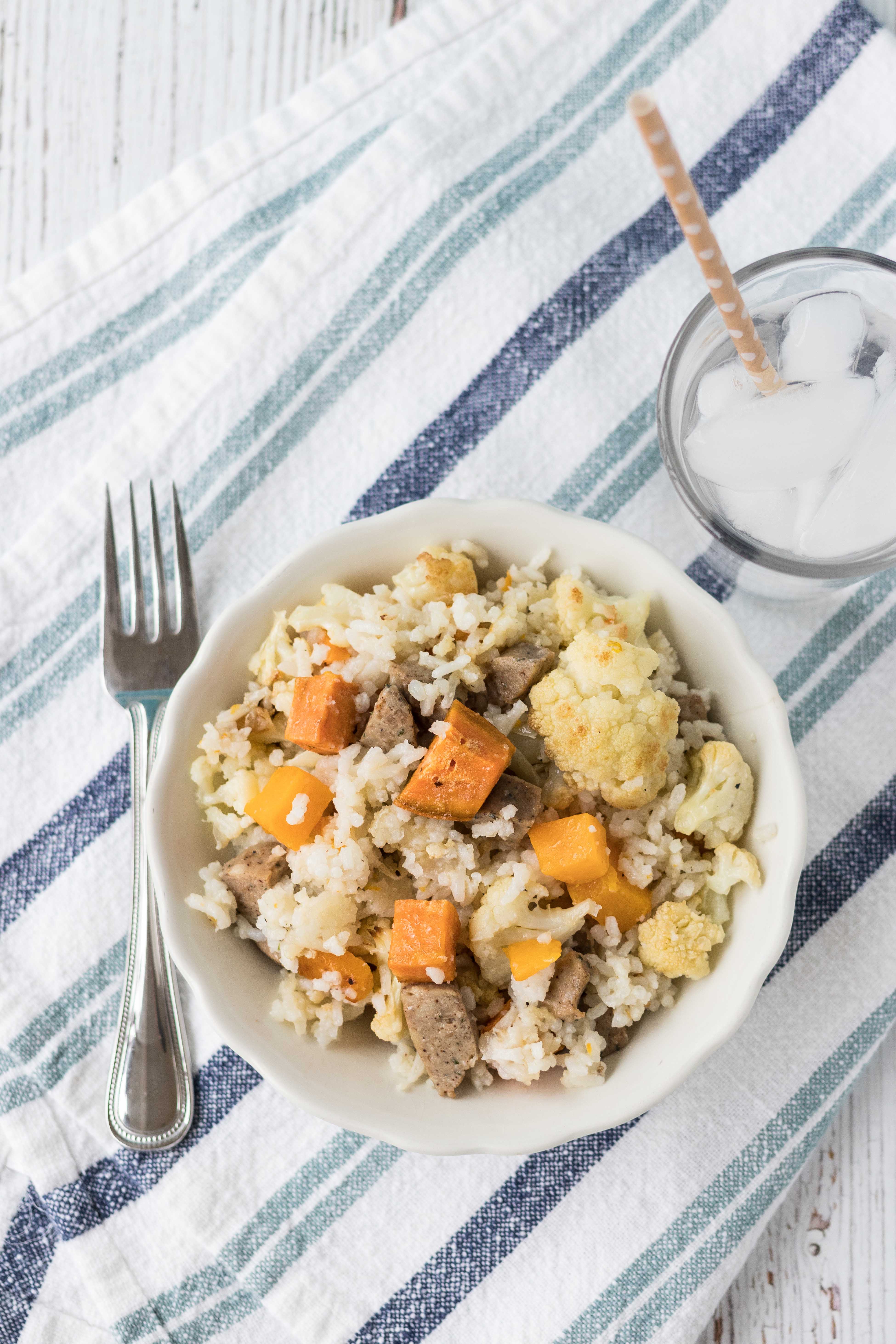 Coconut Rice with Vegetables and Chicken Sausage | https://www.roseclearfield.com