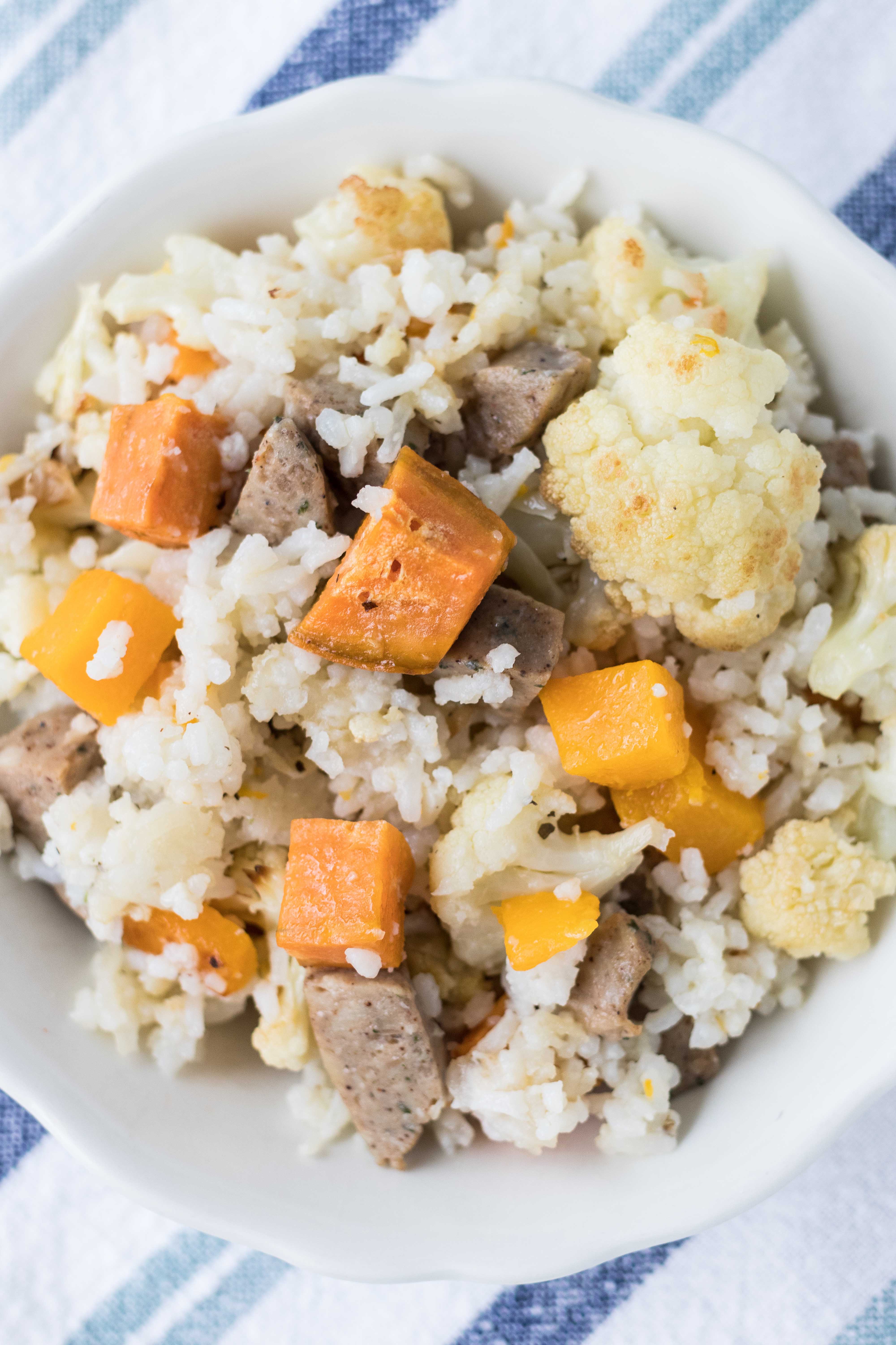 Coconut Rice with Vegetables and Chicken Sausage | https://www.roseclearfield.com