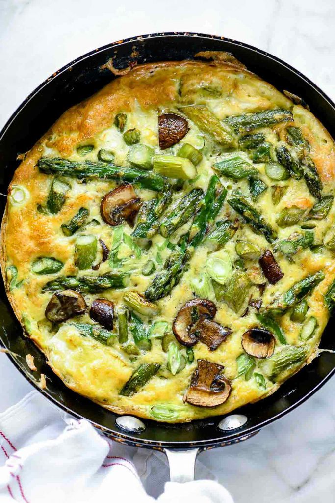 Breakfast for Dinner Ideas - Asparagus and Mushroom Frittata with Goat Cheese via Foodiecrush | https://www.roseclearfield.com