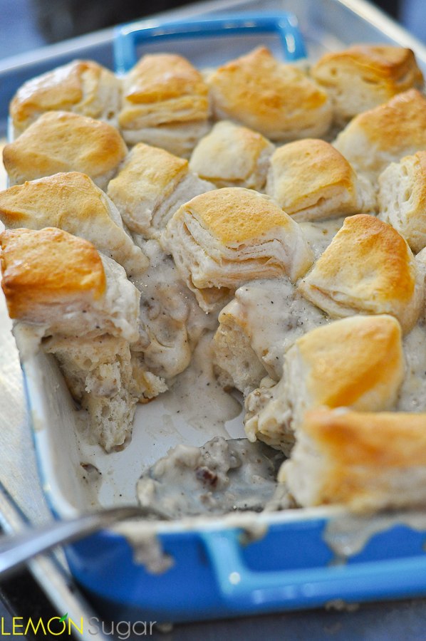 Breakfast for Dinner Ideas - Biscuits and Gravy Casserole via Lemon Sugar | https://www.roseclearfield.com