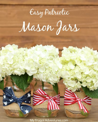 4th of July Mason Jar Decor - Burlap and Ribbon Mason Jars via My Frugal Adventures | https://www.roseclearfield.com