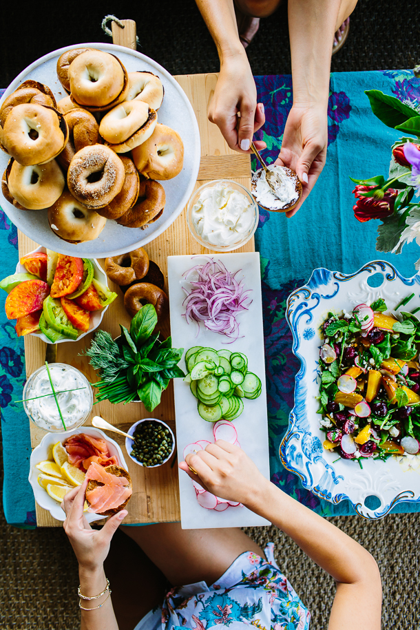 Breakfast for Dinner Ideas - How to Set Up the Perfect Bagel Bar via Camille Styles | https://www.roseclearfield.com