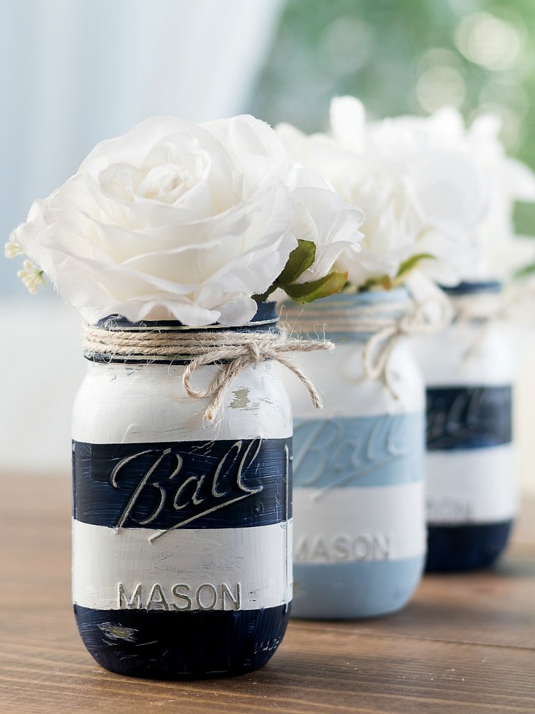 Summer Mason Jar Decor - Nautical Striped Mason Jars via It All Started With Paint | https://www.roseclearfield.com