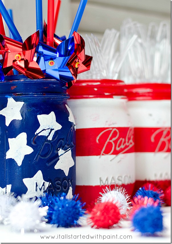 4th of July Mason Jar Decor - Red White and Blue Flag Mason Jars via It All Started With Paint | https://www.roseclearfield.com