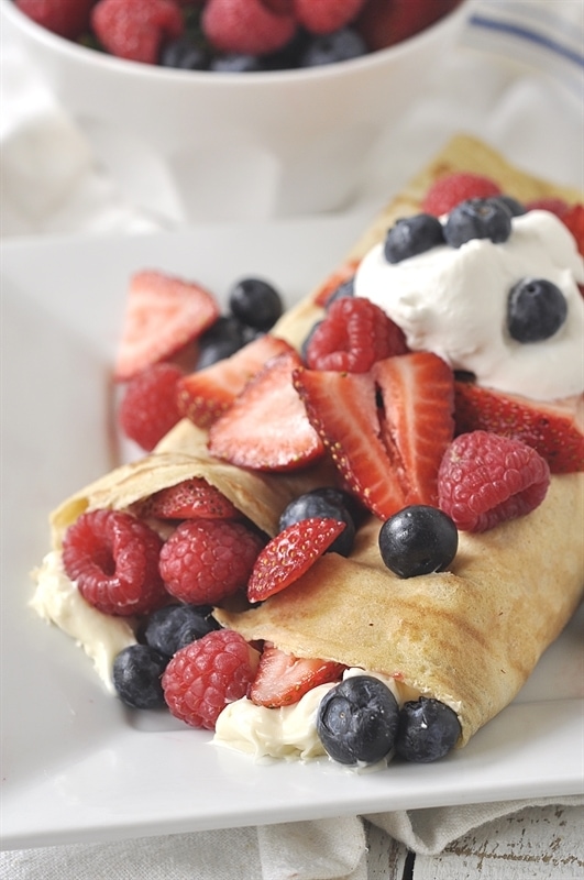 Breakfast for Dinner Ideas - Triple Berry Cream Cheese Crepes via Your Home Based Mom | https://www.roseclearfield.com