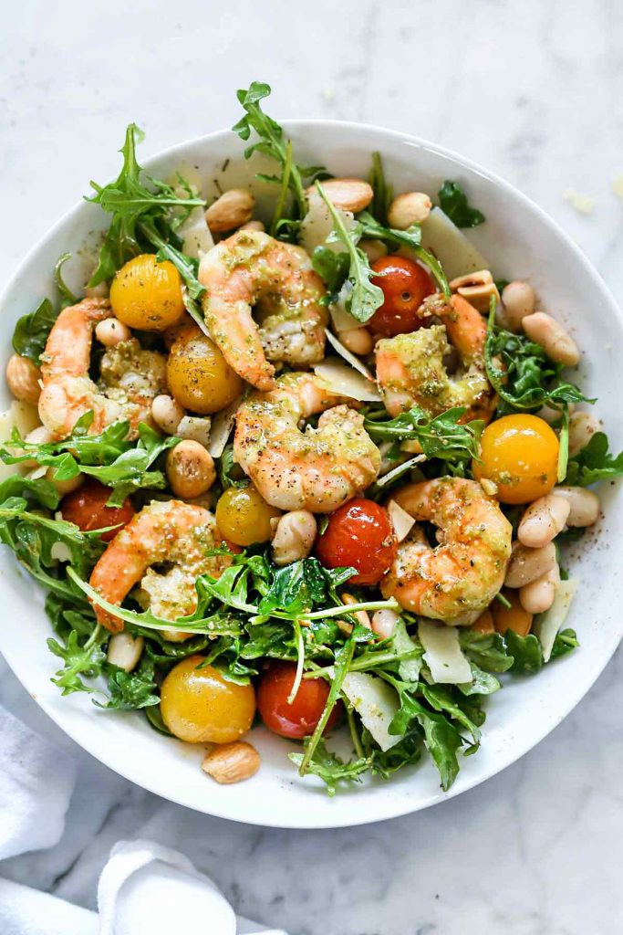 Back to School Healthy Lunches for Adults - Arugula Salsad with Pesto Shrimp Parmesan and White Beans via Foodiecrush | https://www.roseclearfield.com