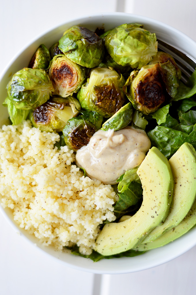 Back to School Healthy Lunches for Adults - Roasted Brussels Sprout and Cous Cous Salad via Another Root | https://www.roseclearfield.com