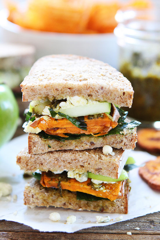 Back to School Lunches for Adults - Roasted Sweet Potato Sandwich with Apples, Pesto, Kale, and Blue Cheese via Two Peas and Their Pod | https://www.roseclearfield.com