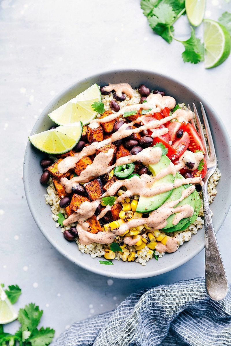Back to School Healthy Lunches for Adults - Sweet Potato Taco Bowls via Chelsea's Messy Apron